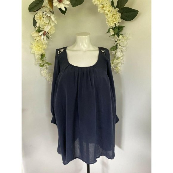Vintage TJ‎ Collection Navy Blue Silk Tunic Crochet - Picture 1 of 10